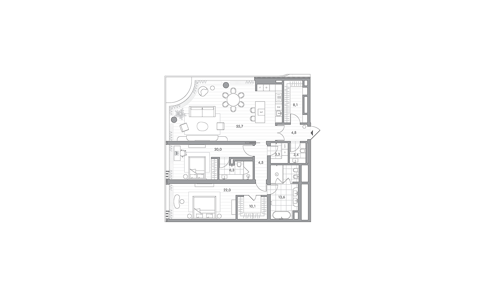 Планировка: 2-комнатная, 151.8 м², №127064