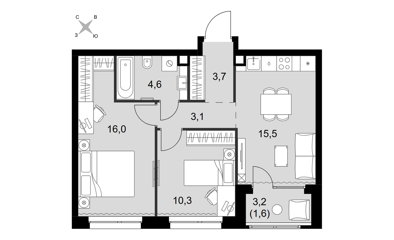 Планировка: 3-комнатная, 54.8 м²