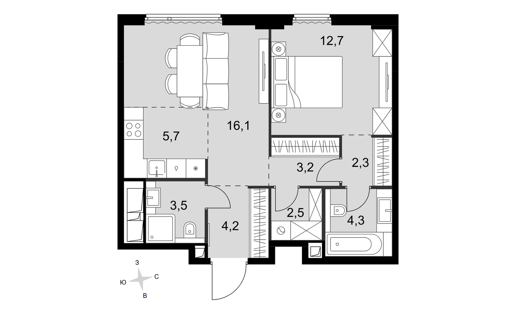 Планировка: 2-комнатная, 54.5 м²
