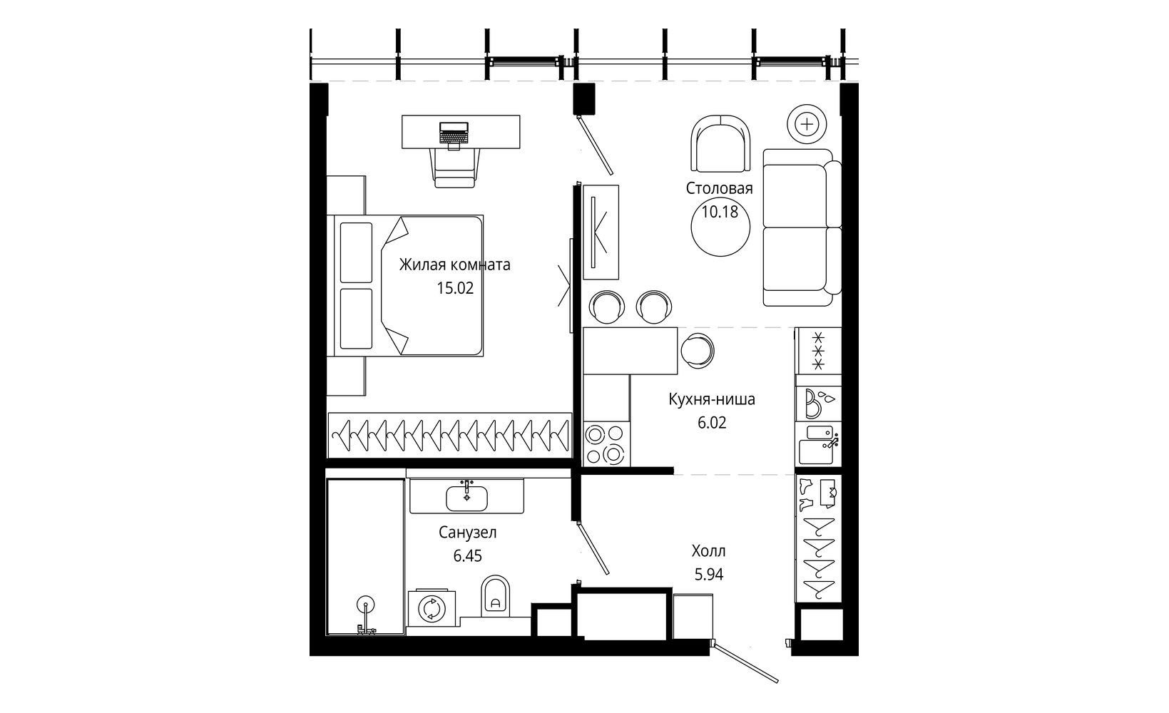 Планировка: 1-комнатная, 43.9 м²