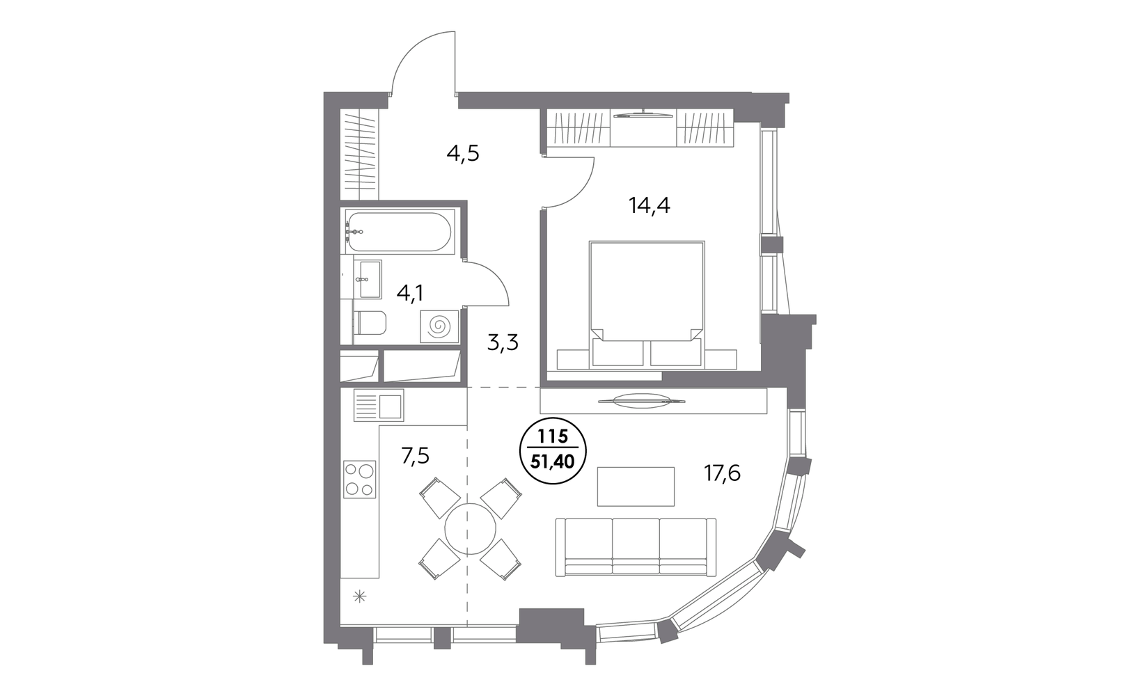 Планировка: 1-комнатная, 51.4 м²