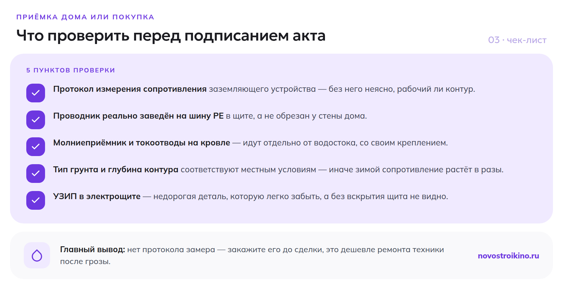 Чек-лист проверки заземления и молниезащиты при приёмке дома