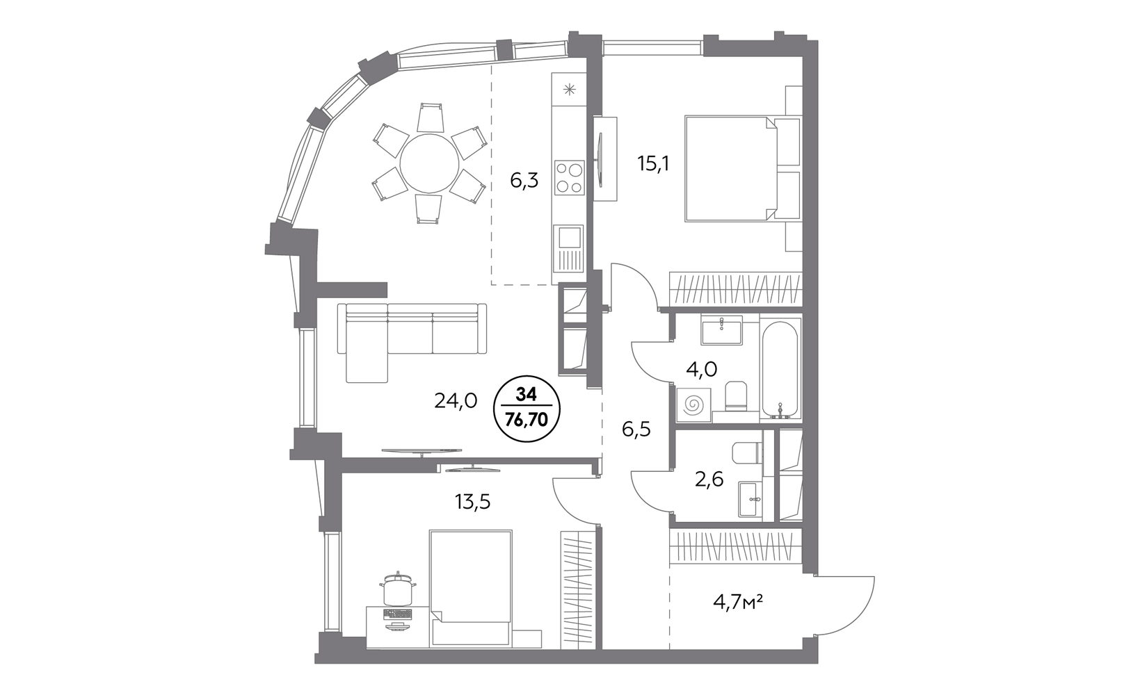Планировка: 2-комнатная, 76.7 м²