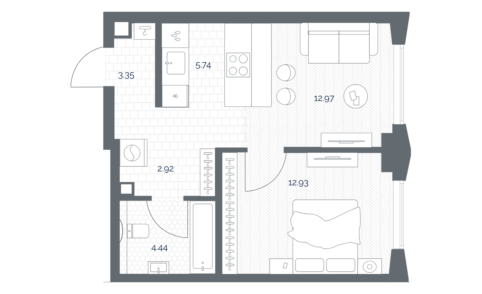 Планировка: 1-комнатная, 42.4 м²