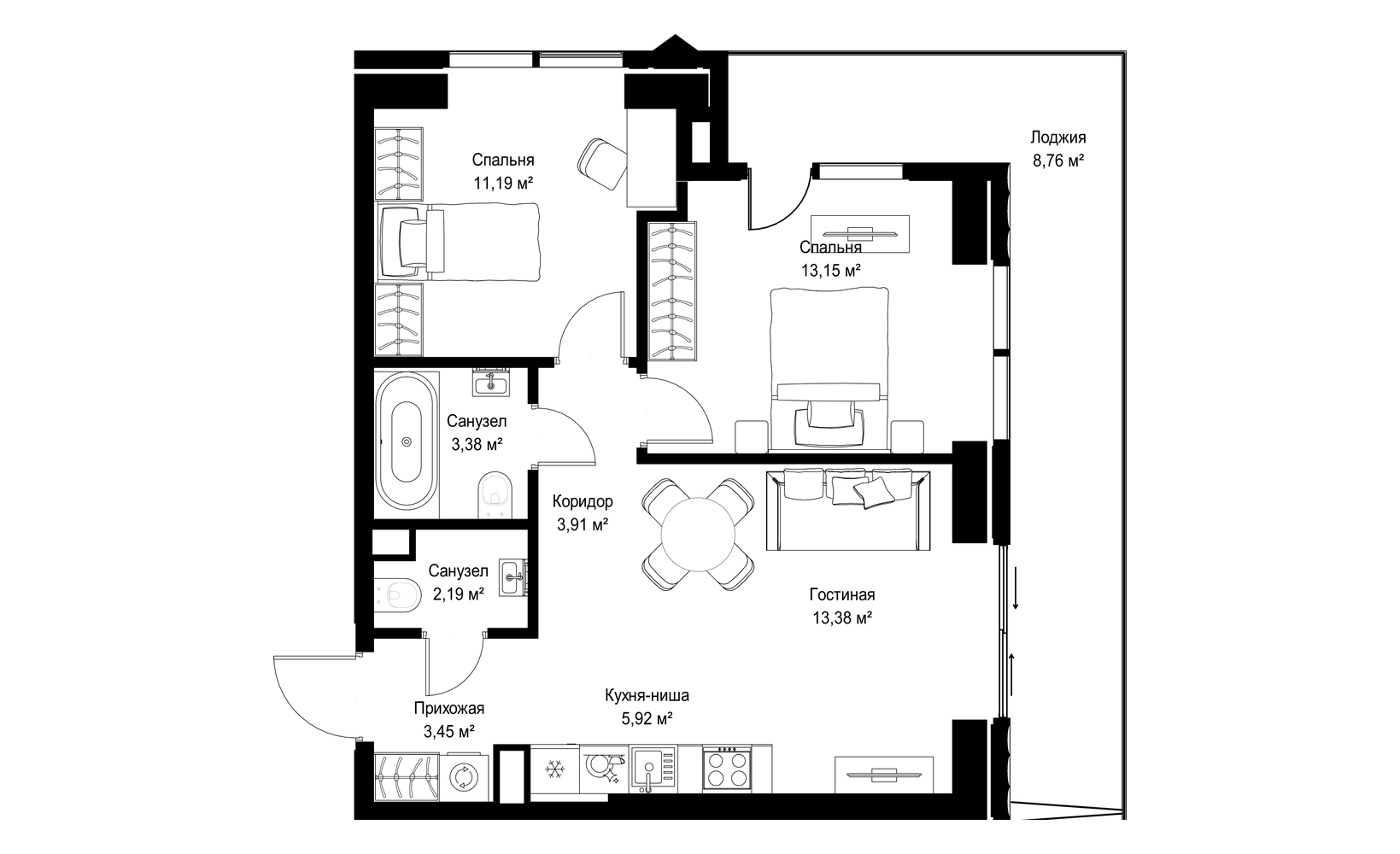 Планировка: 2-комнатная, 65.3 м²