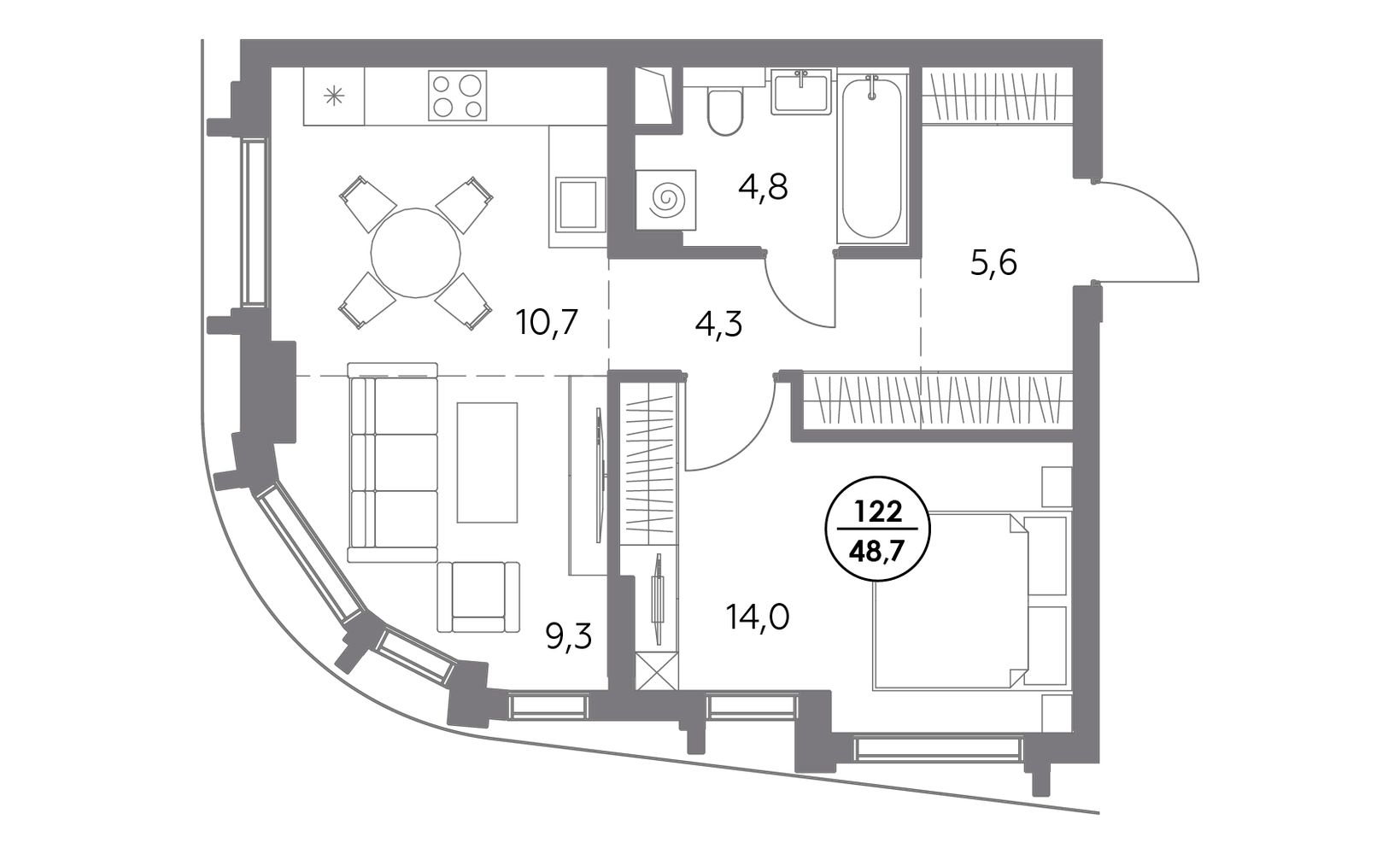 Планировка: 1-комнатная, 48.7 м²