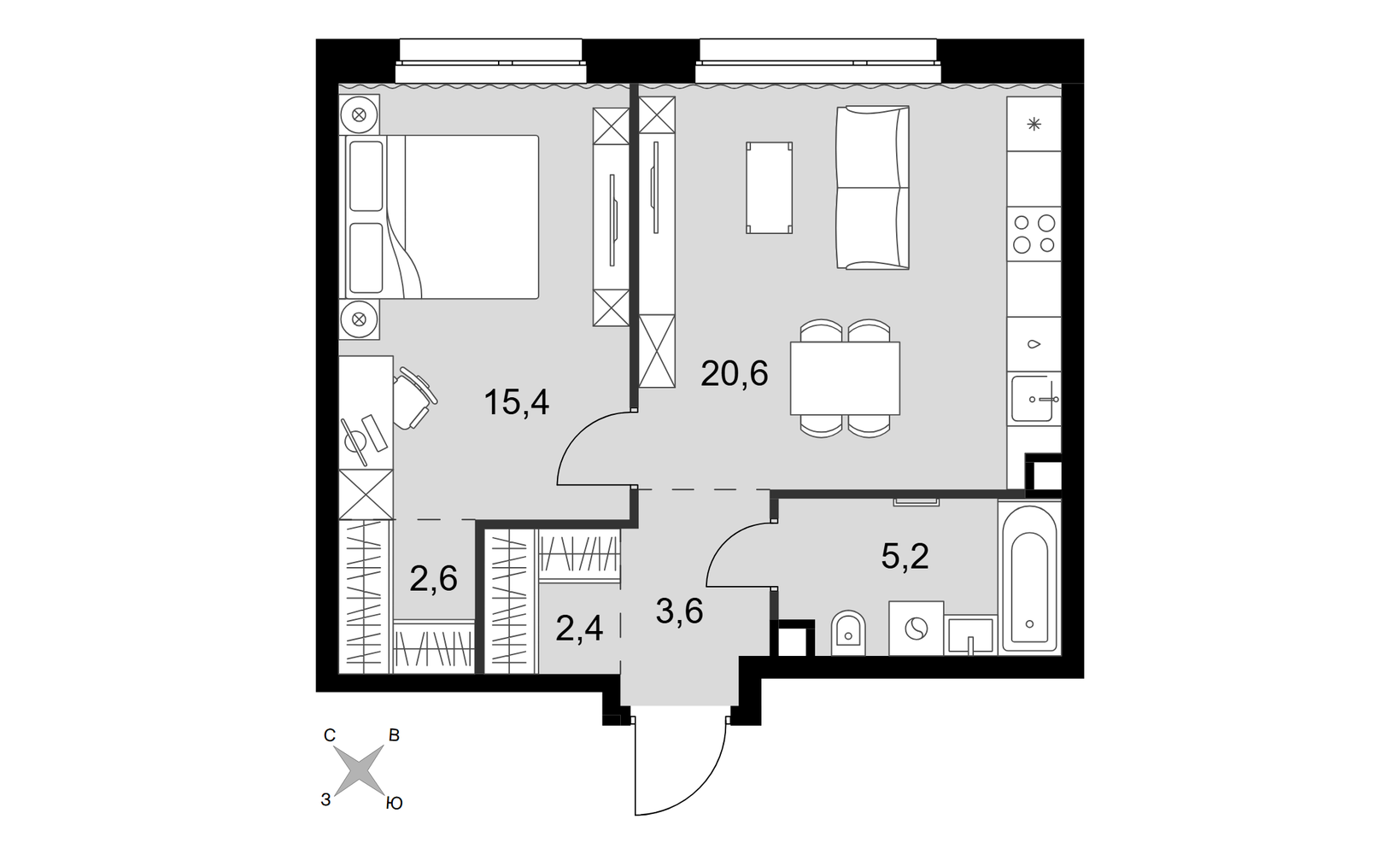 Планировка: 2-комнатная, 49.8 м²
