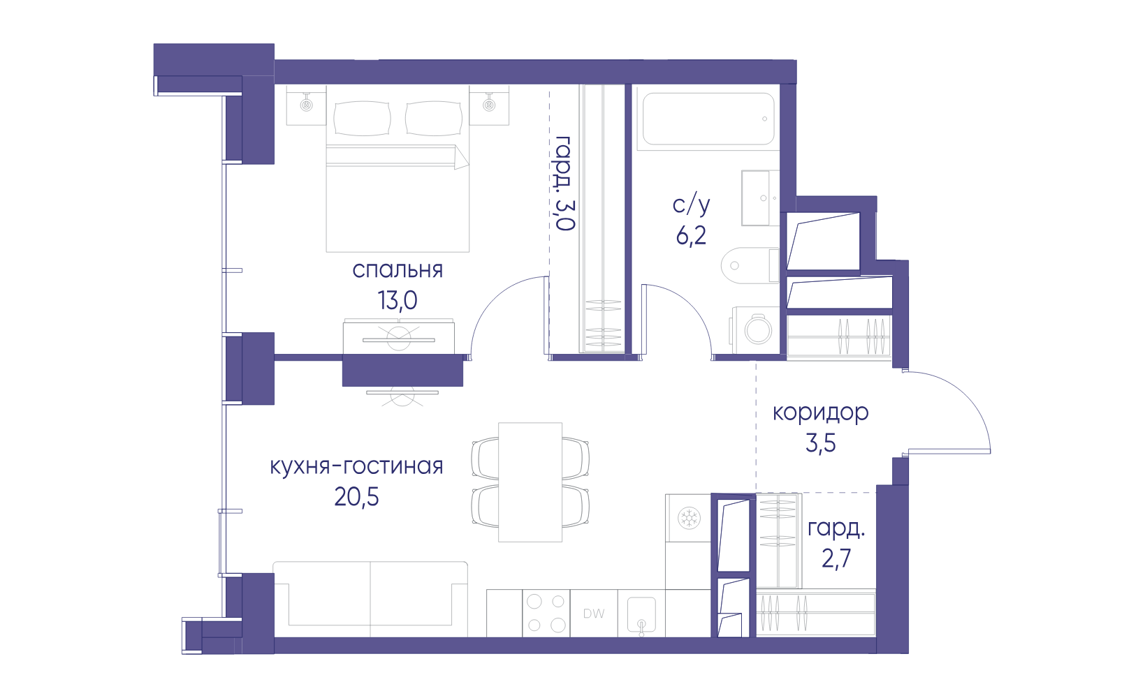 Планировка: 1-комнатная, 48.9 м², №126840