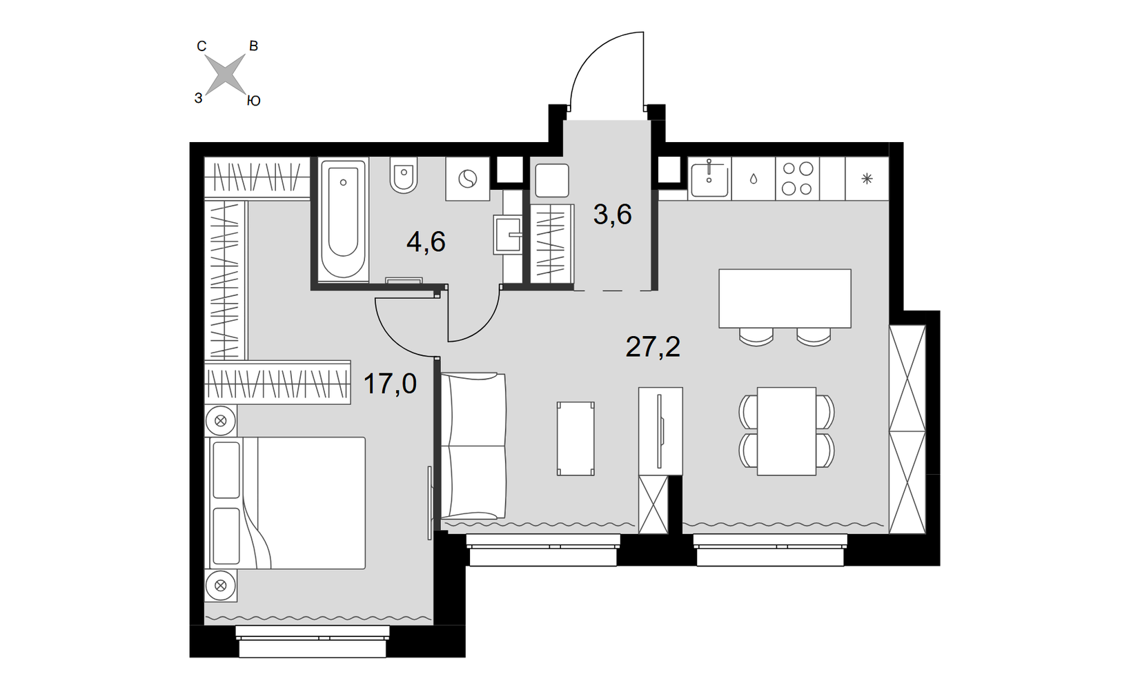 Планировка: 2-комнатная, 52.4 м²