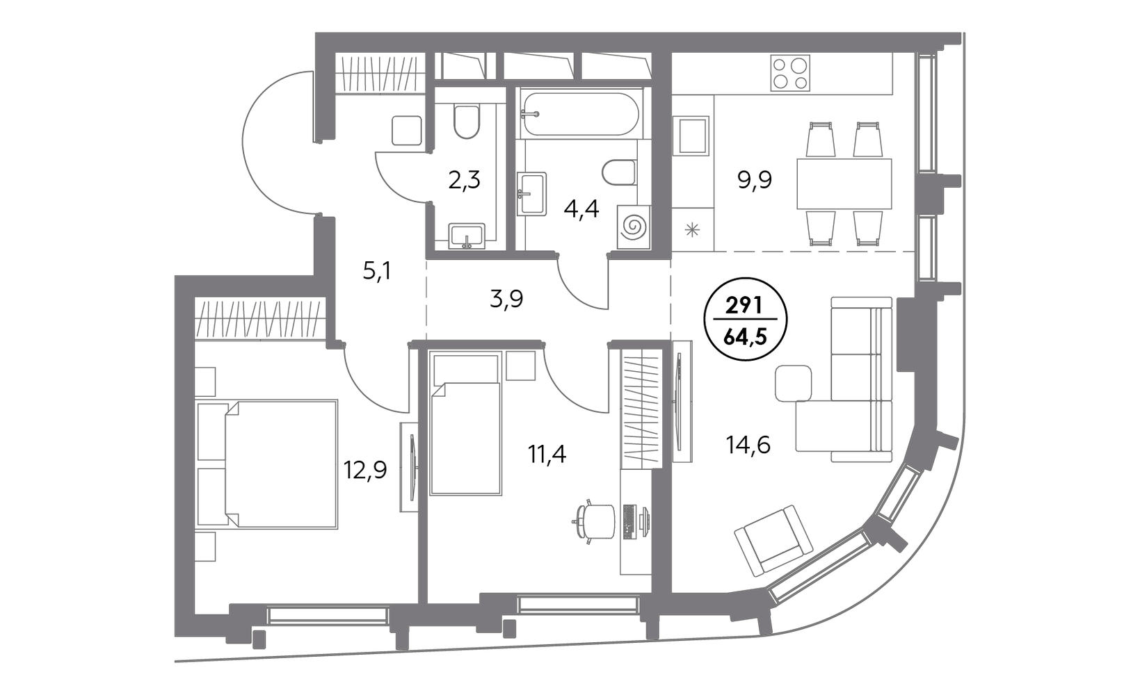 Планировка: 2-комнатная, 64.5 м²