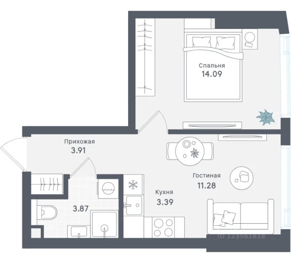 Планировка 1-комнатной квартиры 36,54 м² в Solos (Солос)