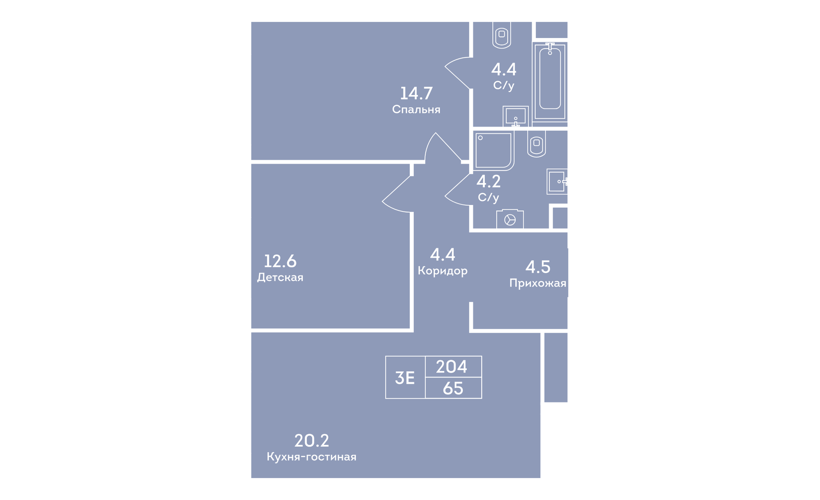 Планировка: 3-комнатная, 65 м²