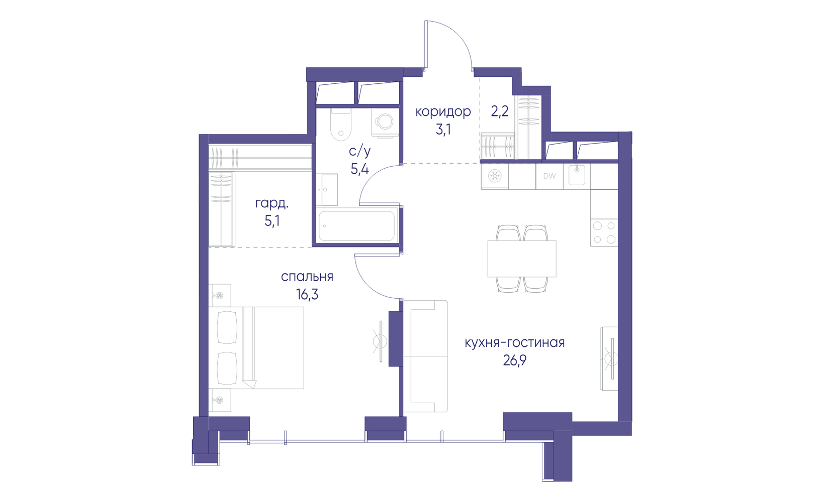 Планировка: 1-комнатная, 59 м²