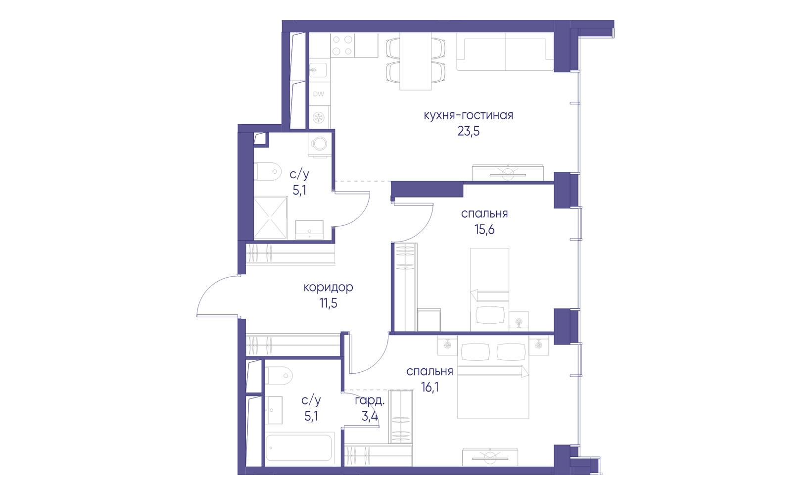 Планировка: 2-комнатная, 80.3 м²