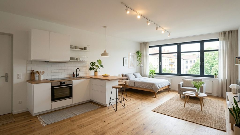 Хороший пример расположения кухни в студии