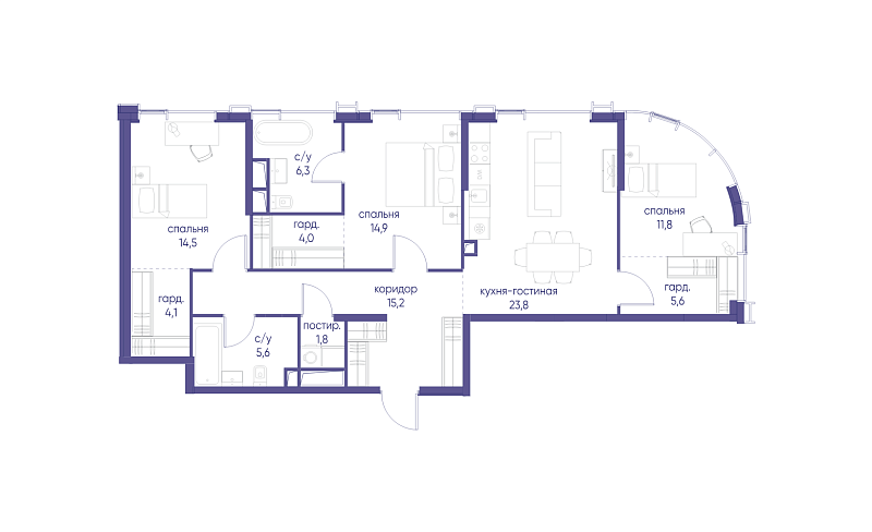 Планировка 3-комнатной квартиры 107,6 м² в Начало