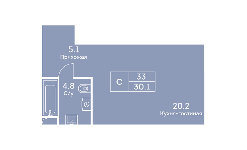 Планировка 1-комнатной квартиры 30 м² в Era (Эра)