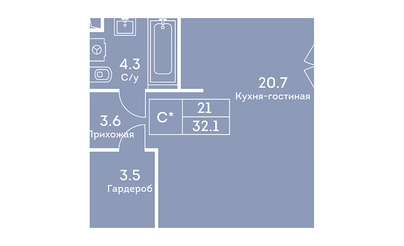 Планировка 1-комнатной квартиры 32,3 м² в Era (Эра)