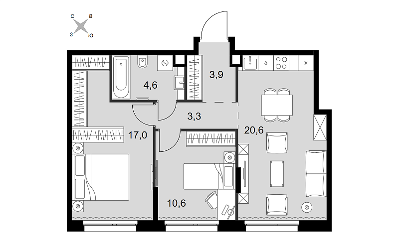 Планировка 3-комнатной квартиры 60 м² в Симоновский Вал
