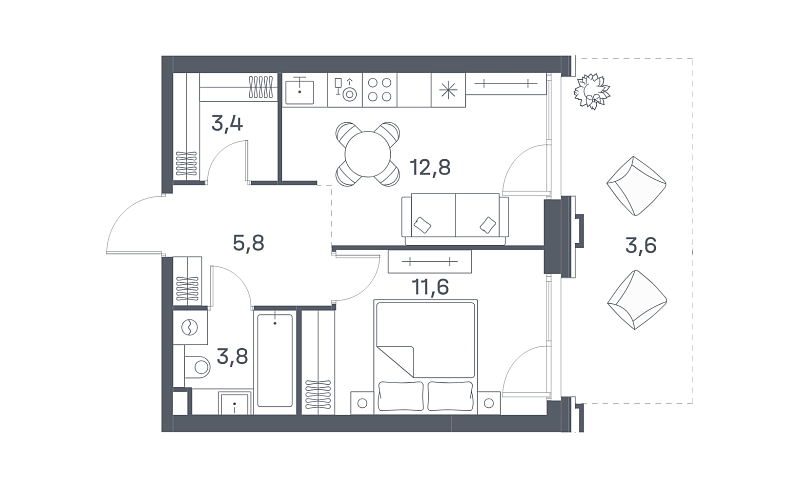 Планировка 1-комнатной квартиры 41 м² в Portland (Портленд)