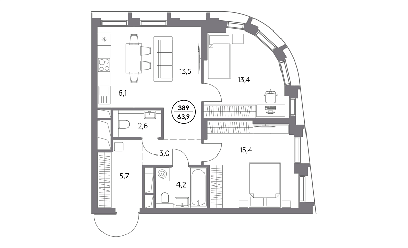Планировка 2-комнатной квартиры 63,9 м² в Дом 56