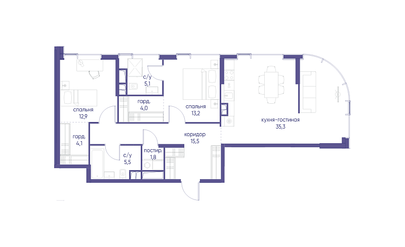Планировка 2-комнатной квартиры 97,4 м² в Начало