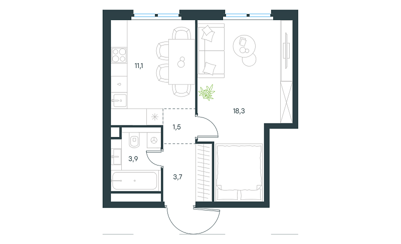 Планировка 1-комнатной квартиры 38,5 м² в Level Нижегородская