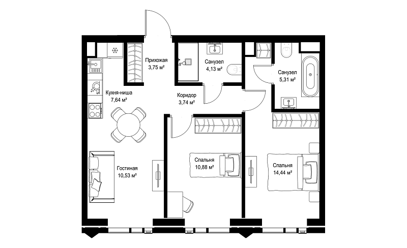 Планировка 2-комнатной квартиры 60,4 м² в JOIS (Джойс)