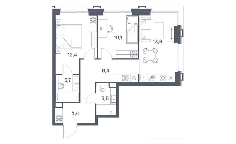 Планировка 2-комнатной квартиры 57,1 м² в Portland (Портленд)