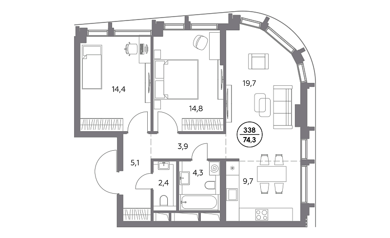 Планировка 2-комнатной квартиры 74,3 м² в Дом 56