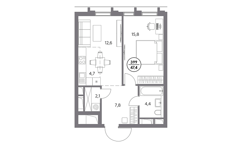 Планировка 1-комнатной квартиры 47,4 м² в Дом 56