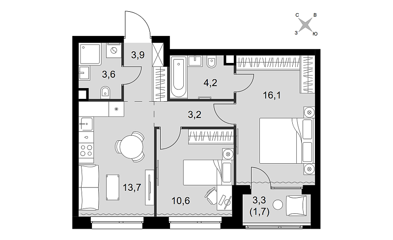 Планировка 2-комнатной квартиры 57 м² в Симоновский Вал