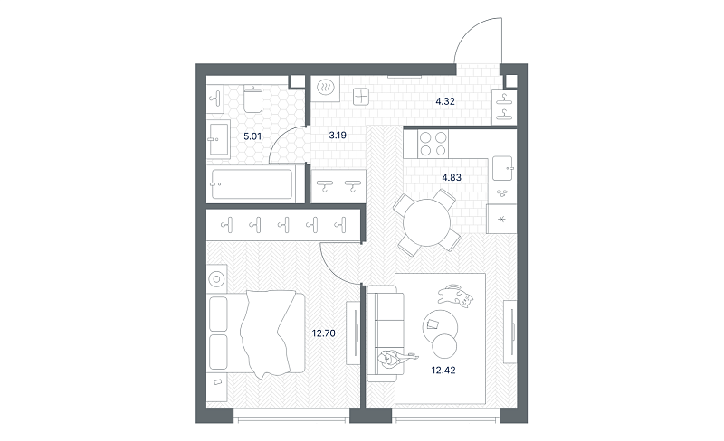 Планировка 1-комнатной квартиры 42,5 м² в TATE (ТЭЙТ, ТАТЕ, ТЕЙТ)