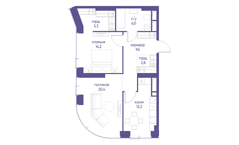 Планировка 2-комнатной квартиры 70,5 м² в Начало