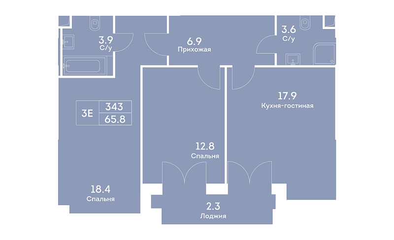 Планировка 3-комнатной квартиры 65,9 м² в Ever (Эвер)