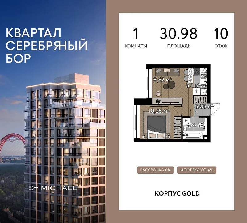 Планировка 1-комнатной квартиры 30,98 м² в Квартал Серебряный Бор