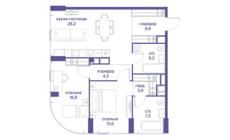Планировка 2-комнатной квартиры 85,2 м² в Начало
