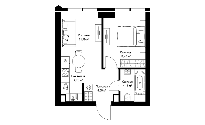 Планировка 1-комнатной квартиры 36,4 м² в JOIS (Джойс)