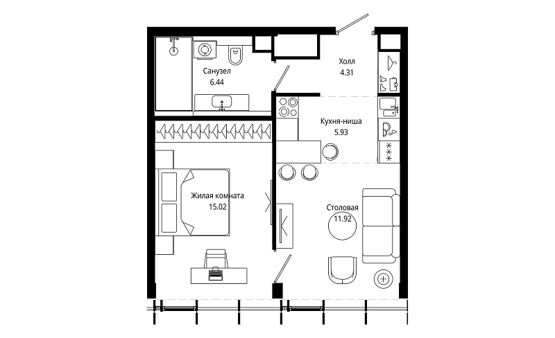 Планировка 1-комнатной квартиры 43,8 м² в Mod (Мод)