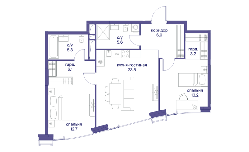 Планировка 2-комнатной квартиры 76,8 м² в Начало