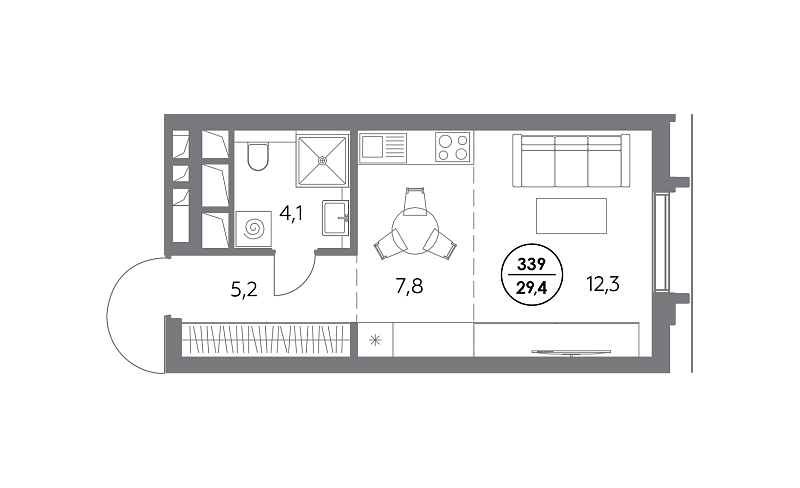 Планировка студии 29,4 м² в Дом 56