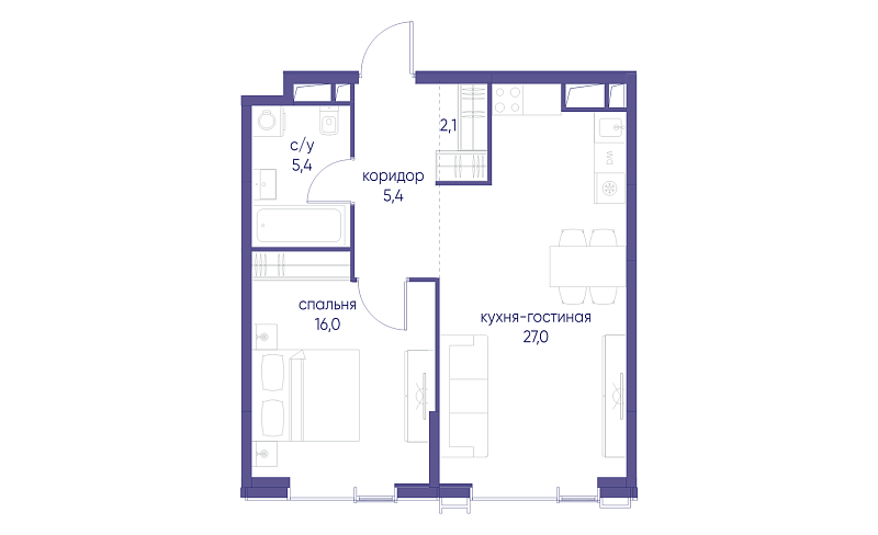 Планировка 1-комнатной квартиры 55,9 м² в Начало