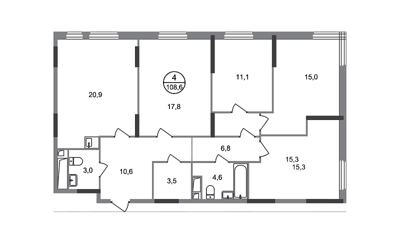 Планировка 4-комнатной квартиры 108,6 м² в Переделкино Ближнее Город-парк