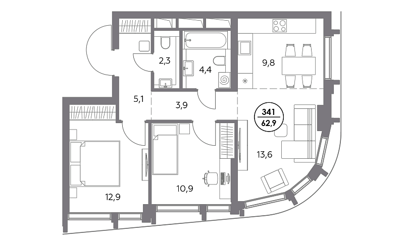 Планировка 2-комнатной квартиры 62,9 м² в Дом 56