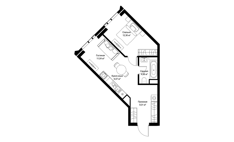 Планировка 1-комнатной квартиры 42,6 м² в JOIS (Джойс)