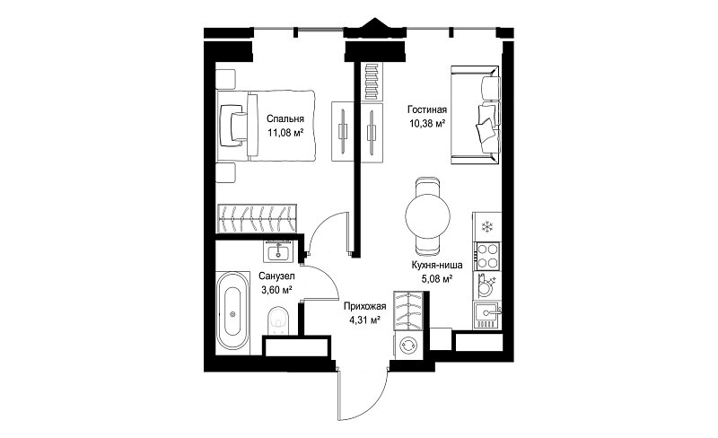 Планировка 1-комнатной квартиры 34,5 м² в JOIS (Джойс)