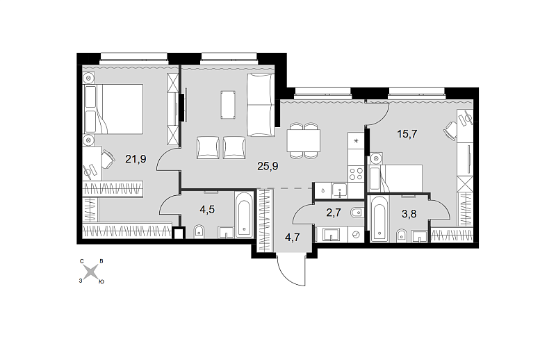Планировка 3-комнатной квартиры 79,2 м² в Симоновский Вал