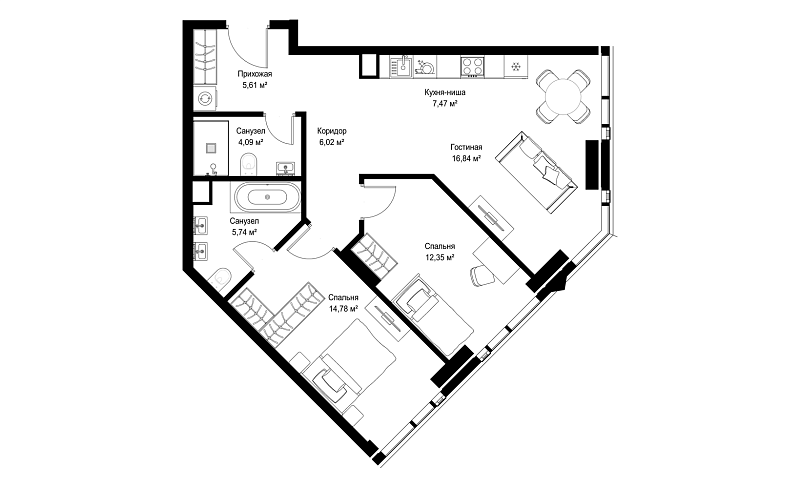 Планировка 2-комнатной квартиры 72,9 м² в JOIS (Джойс)