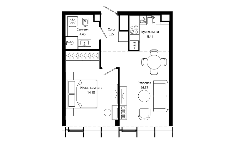 Планировка 1-комнатной квартиры 44,1 м² в Mod (Мод)