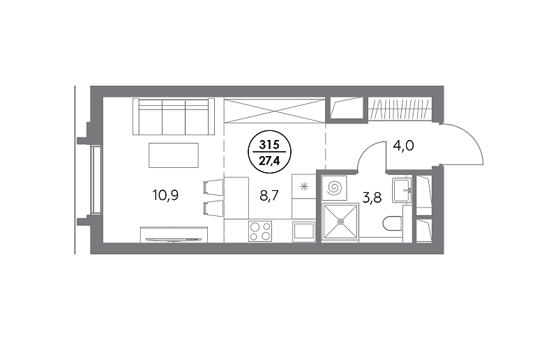 Планировка студии 27,4 м² в Дом 56